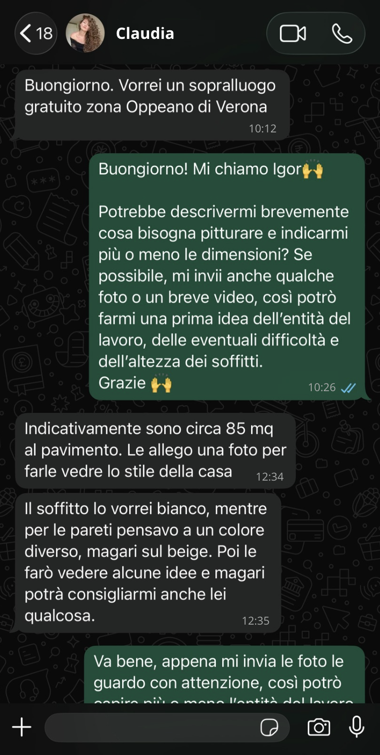 Conversazione reale con una cliente su WhatsApp per organizzare un sopralluogo